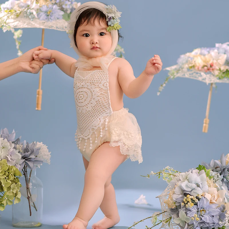 Lace Baby Dress For Photo Sweet Floral Netting Kerchief tassel Skirt Set Children One-Pieces Bodysuit Studio Photo Clothing