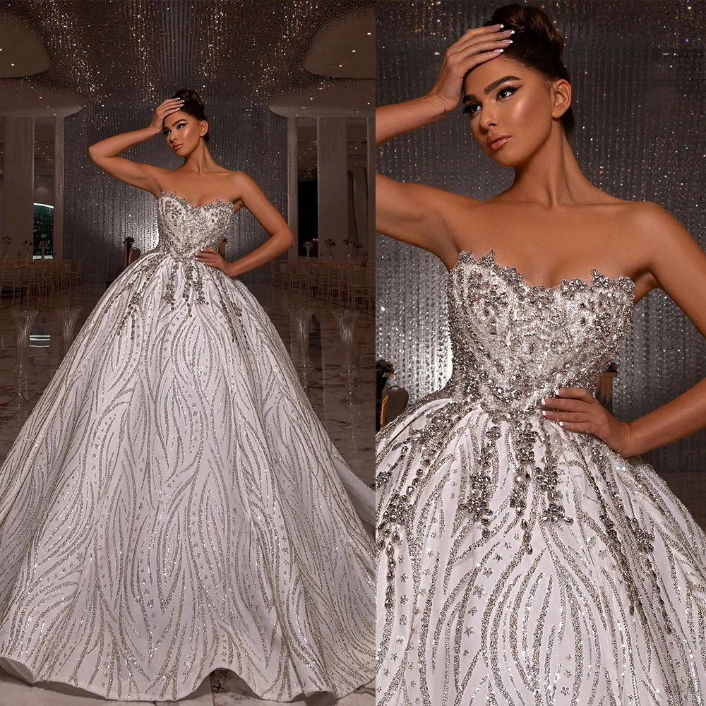 فساتين زفاف فاخرة بثوب الكرة الخرز الكامل كريستال الحبيب الرقبة فساتين الزفاف رداء دي ماري حسب الطلب
