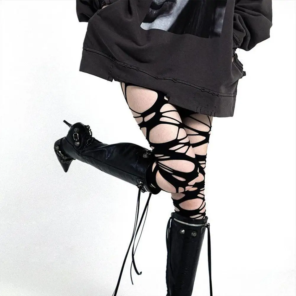 Punk Y2k Damen Zerrissene Hochgeschnittene Strümpfe Strumpfhosen Socken Hohe Strümpfe Strumpfhosen für Halloween Rave Party Netzstrümpfe – Detail 9