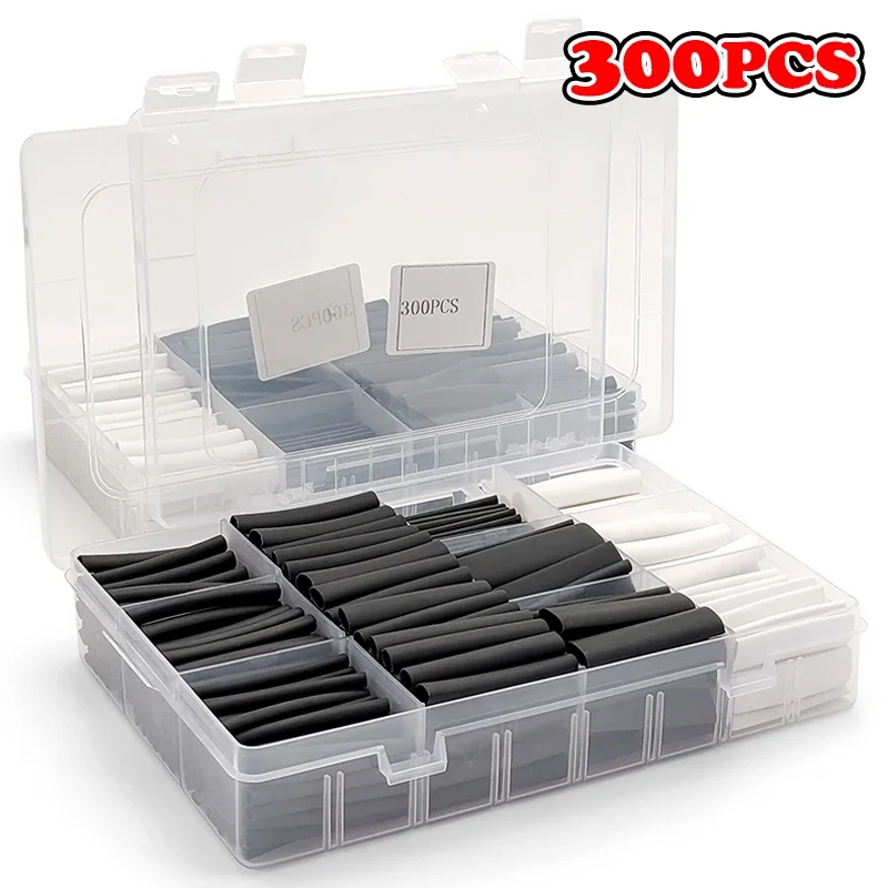 300Pcs Multi-Size Black White Heat Shrink Tubing 3:1 Shrink Ratio Electrician Wire Joint Quick Repair Insulation Sleeve