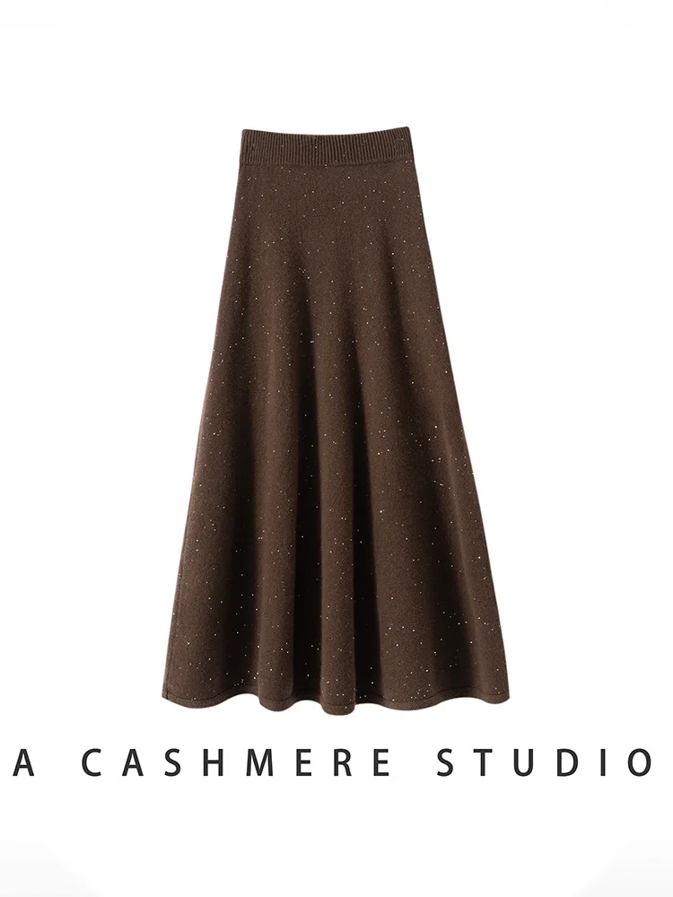 

Women Cashmere Skirt Sequin Style A-Line Elastic Waist Skirts Autumn Winter Mid-calf Umbrella Dress Grace 100% Cashmere Knitted