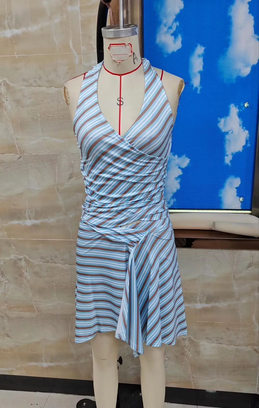 

Women's 2 Piece Skirt Outfits Sleeveless Halter Neck Striped Tank Tops Asymmetric Skirt Set