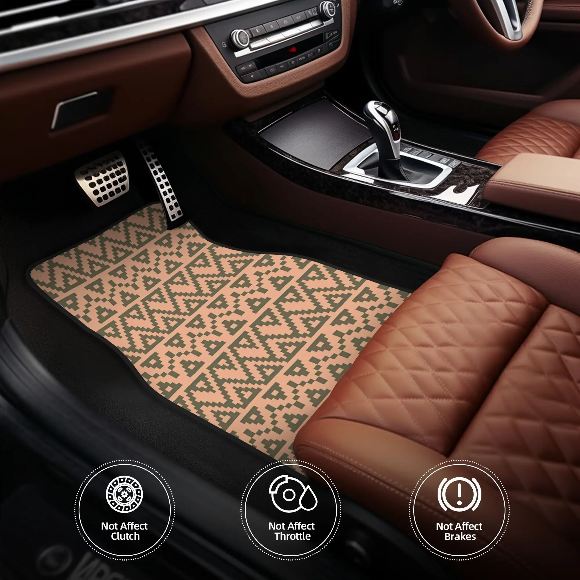 A Set Of Four Vehicle Mats Featuring Beige, Tan, And Brown Zigzag Triangle Tribal Art Inspired By Ancient African Glyphs, Design