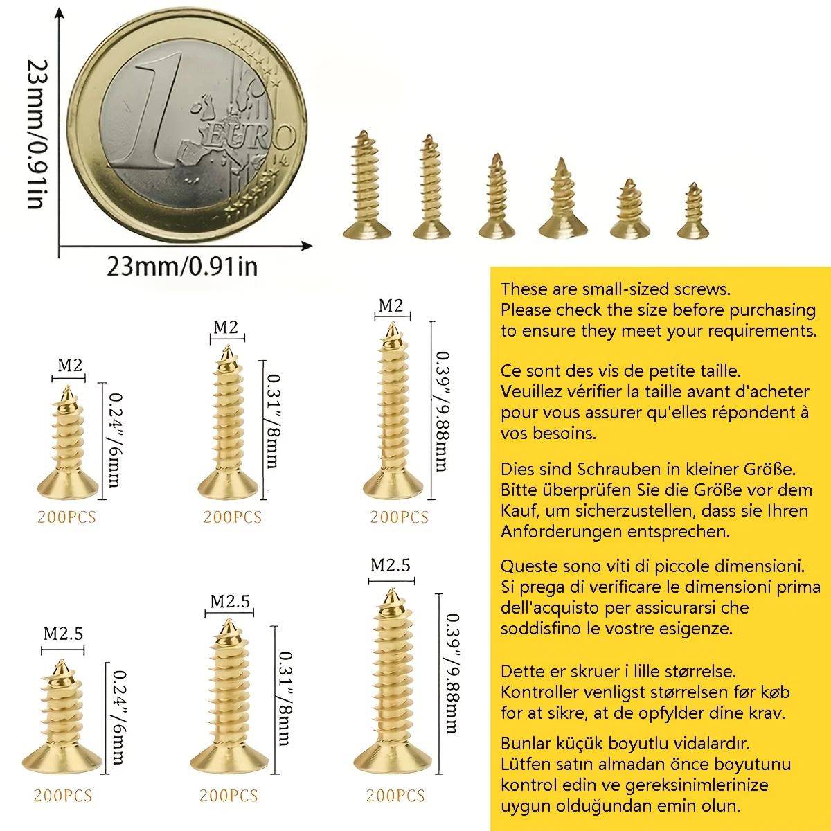 1200pcs Small Hinge Wood Screws M2 M2.5 Tiny Flat Head Screws Assortment 5mm 6mm 7mm 8mm 10mm Micro Brass Self Tapping Screws