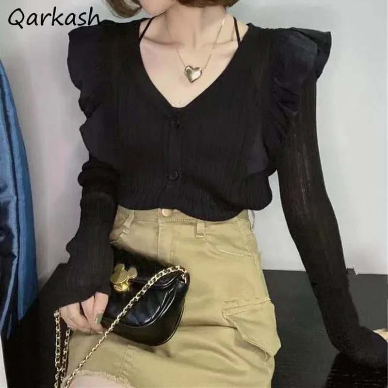 

Shirts Women Streetwear V-neck Leisure Solid Korean Stylish Long Sleeve Ruffles Design Female Hot Sale Elegant Single Breasted