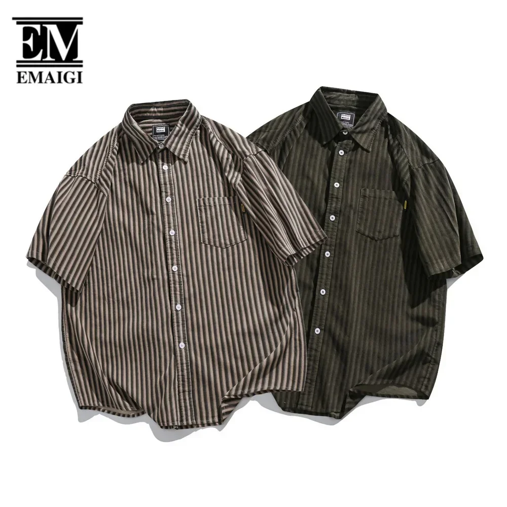 Men Summer Japanese Fashion Stripe Short Sleeve Corduroy Shirt Streetwear Oversize Loose Casual Cargo Shirts Blouses