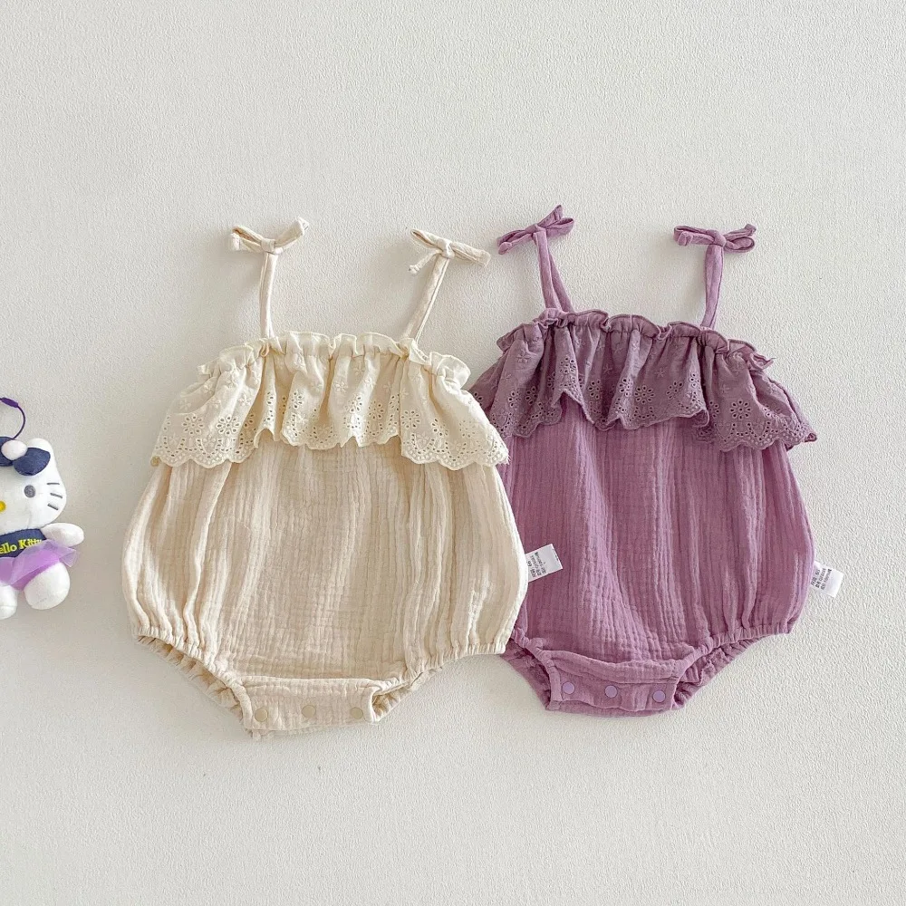 Cute Baby Girl Romper 0-2Years Newborn Princess Sleeveless Strap Lace Bodysuit Solid Color Soft Summer Sunsuit Clothes