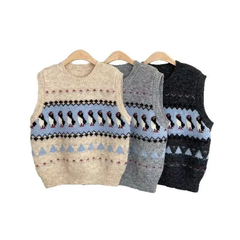 Urocza dzianinowa kamizelka żakardowa w stylu Y2K damska jesienno-zimowa z okrągłym dekoltem, bez rękawów, sweter w stylu koreańskim, casualowy pulower.