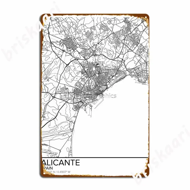Póster con mapa de Alicante, arte de pared impreso, carteles de Metal para el hogar y la guardería, Mural de pared, placas creadas para Bar y Club, carteles de estaño