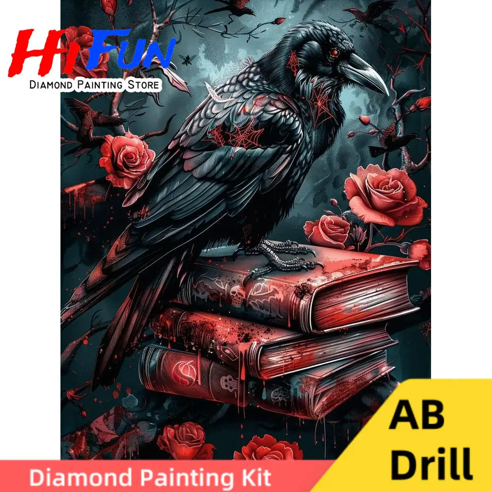 

Gothic Crow Art DIY AB Drill Square Diamond Painting Kits Dark Fantasy Raven Portrait Cross Stitch Mosaic Dark Academia Decor