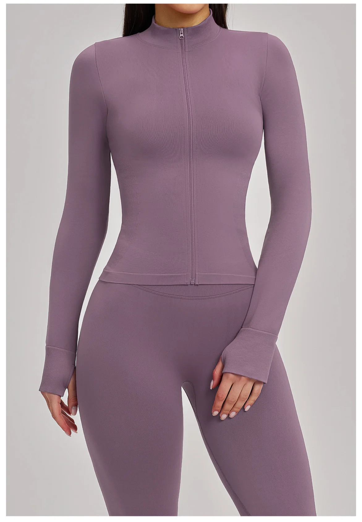 Women's Seamless Long Sleeve Yoga Top Ribbed High Neck Full Zip Slim Fit Sports Jacket Thumb Hole Workout Gym Running Activewear