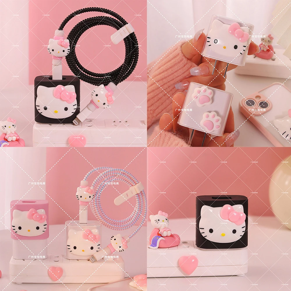 

Kawaii Hello Kittys IPhone Data Cable Charger Protection Set Suitable 18/20w Charger Cute Cartoon Anti Break Rope Girl Gifts