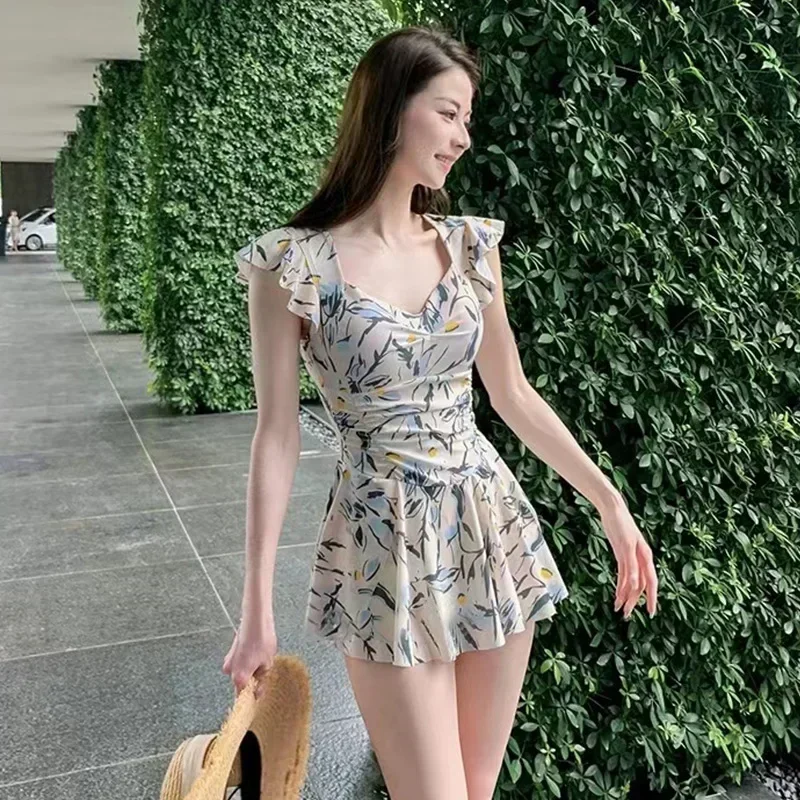 Women Korean Slim High Waisted One Piece Swimsuit Beach Style Mini Dress Slight Stretch Bathing Suit Sexy Dress