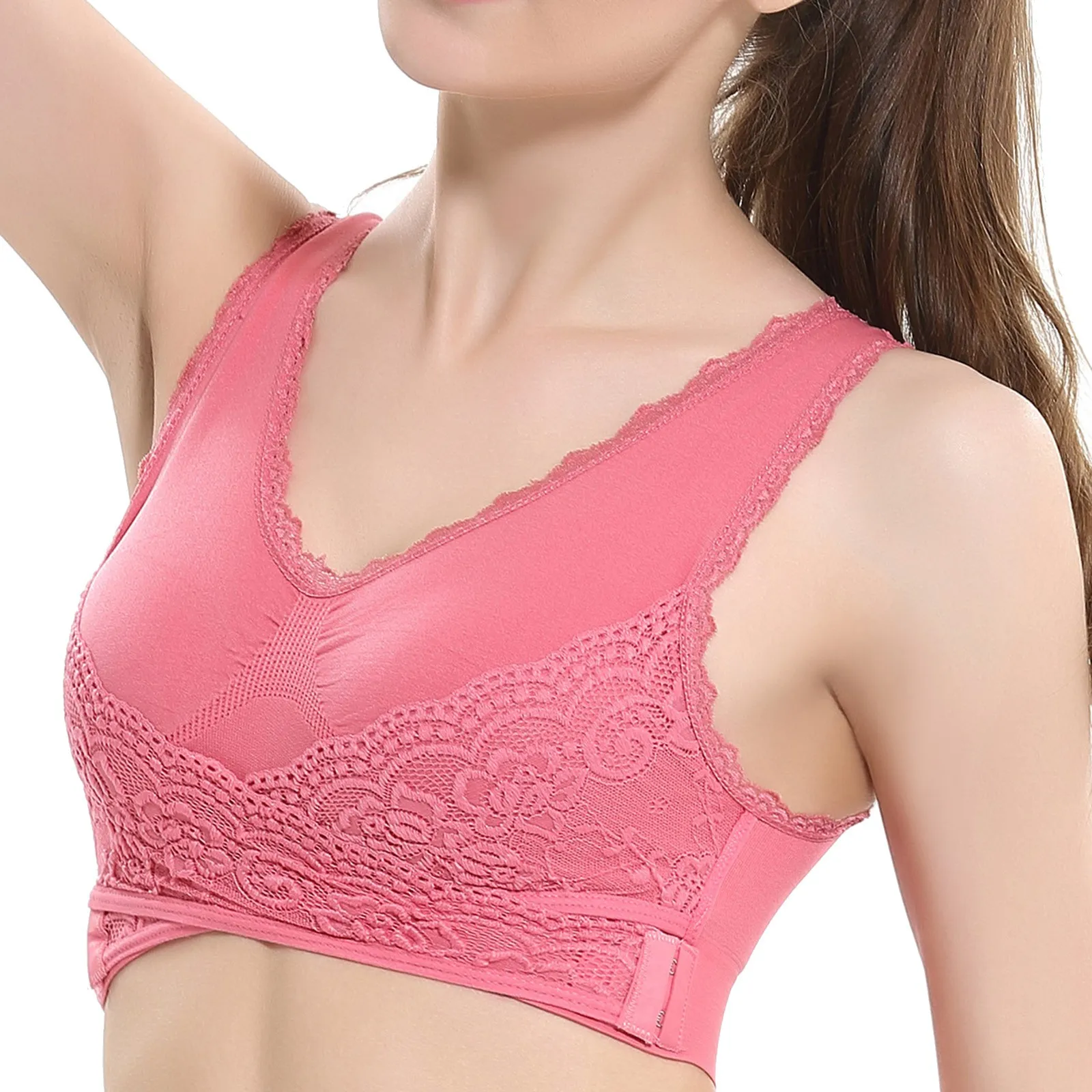 

Women'S Front Side Brassiere Buckle Lace Edge Without Steel Ring Movement Seamless Gathering Adjustment Yoga Sleep Large Bra