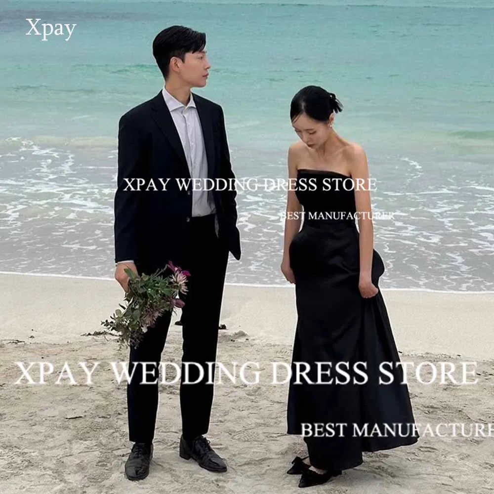 

XPAY Black Strapless Korea Evening Dresses 2024 Satin A Line Prom Dress wedding Photos Shoot Formal Party Occasion Dress