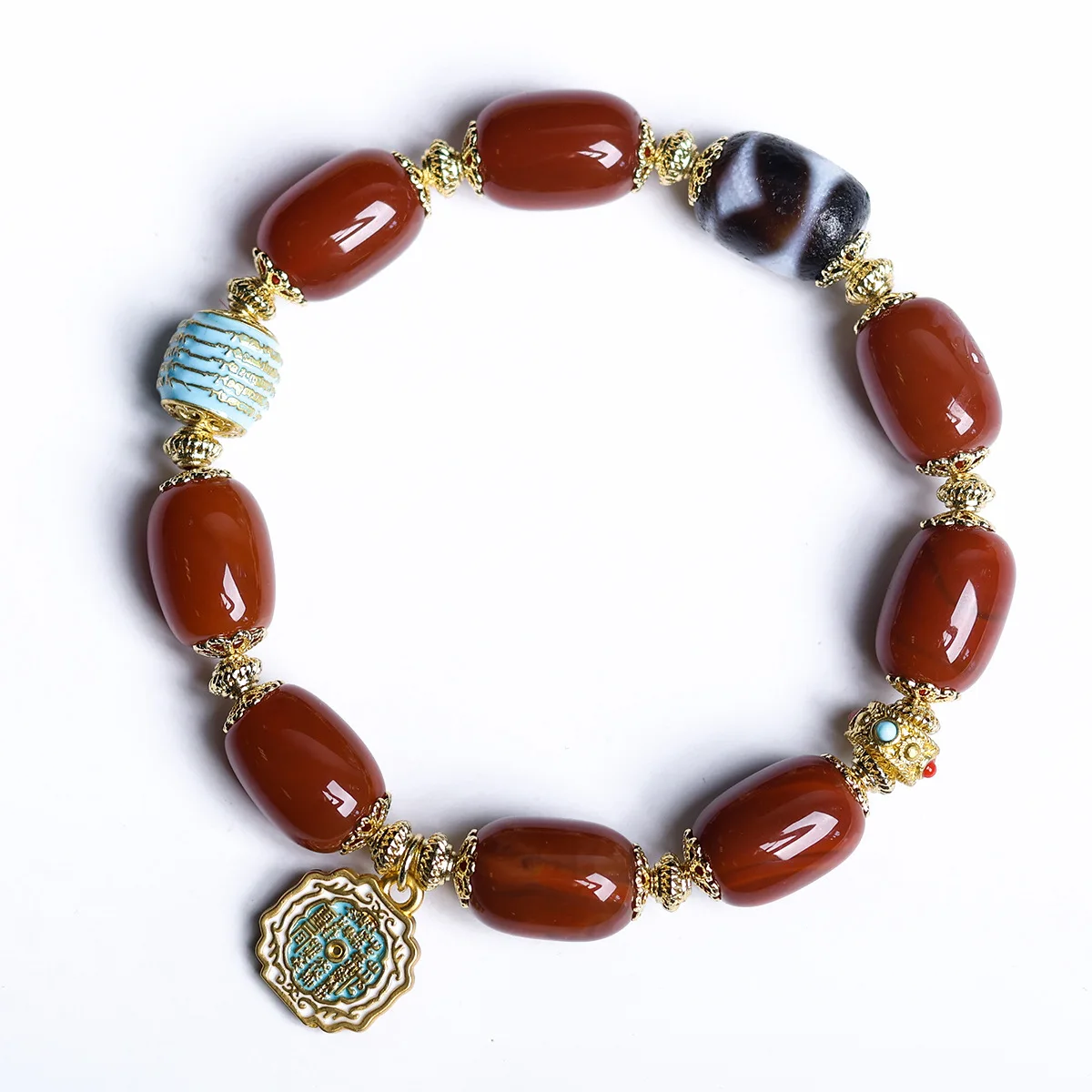 Premium New Chinese Nanhong Agate Bracelet Tibetan Tiger Tooth Dzi Bead Barrel Unisex Handicraft Jewelry