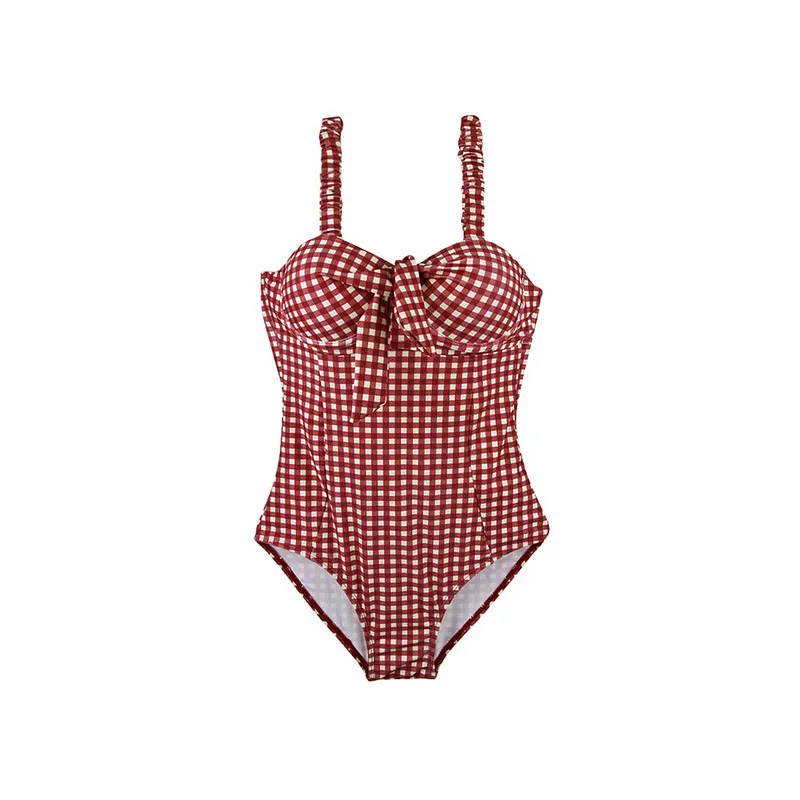 South Korea\'s new hot spring retro red small lattice slim slimming steel support gathers students one-piece swimsuit women