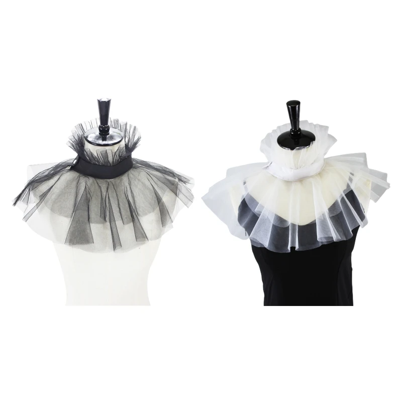 Women Victorian Mesh Ruffled Fake Stand Collar Layered Tulle Button Neck Ruff Clown Choker Shawl Wrap Cosplay Dropshipping