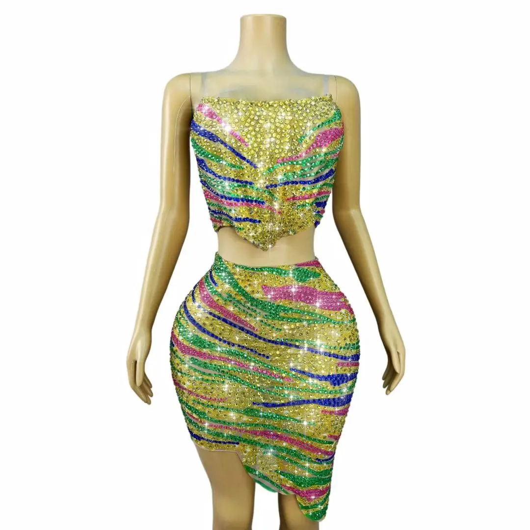 Caihen Elegant Green Pink Blue Yellow Striped Rhinestone Two Piece Mesh Outfit Tube Top Irregular Skirt Gala Club Outfit