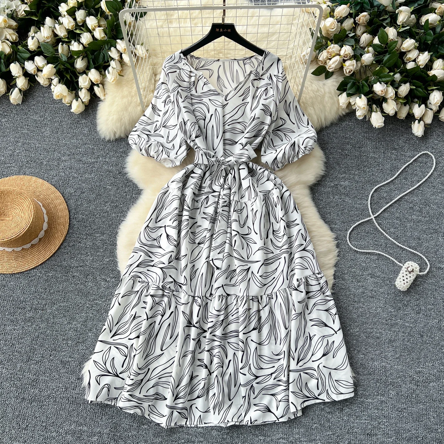 Summer Women Floral Printed Midi Dress Vintage V-Neck Short Sleeve High Waist A-Line Casual Vestidos Female 2023 New Fashion