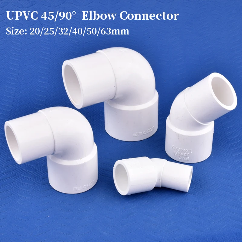 1Pc 20~63mm PVC Water Pipe Fittings 45/90 Degree Elbow Connector Garden Irrigation Water Pipe Joints Aquarium Fish Tank DIY Tool