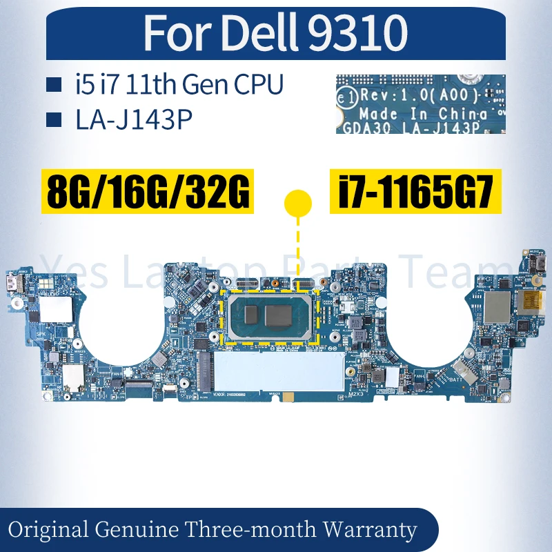 

For Dell 9310 Laptop Mainboard LA-J143P 08607K 0DXP1F 0MRT12 0JRYYW i5 i7 11th Gen 8G/16G/32G Notebook Motherboard