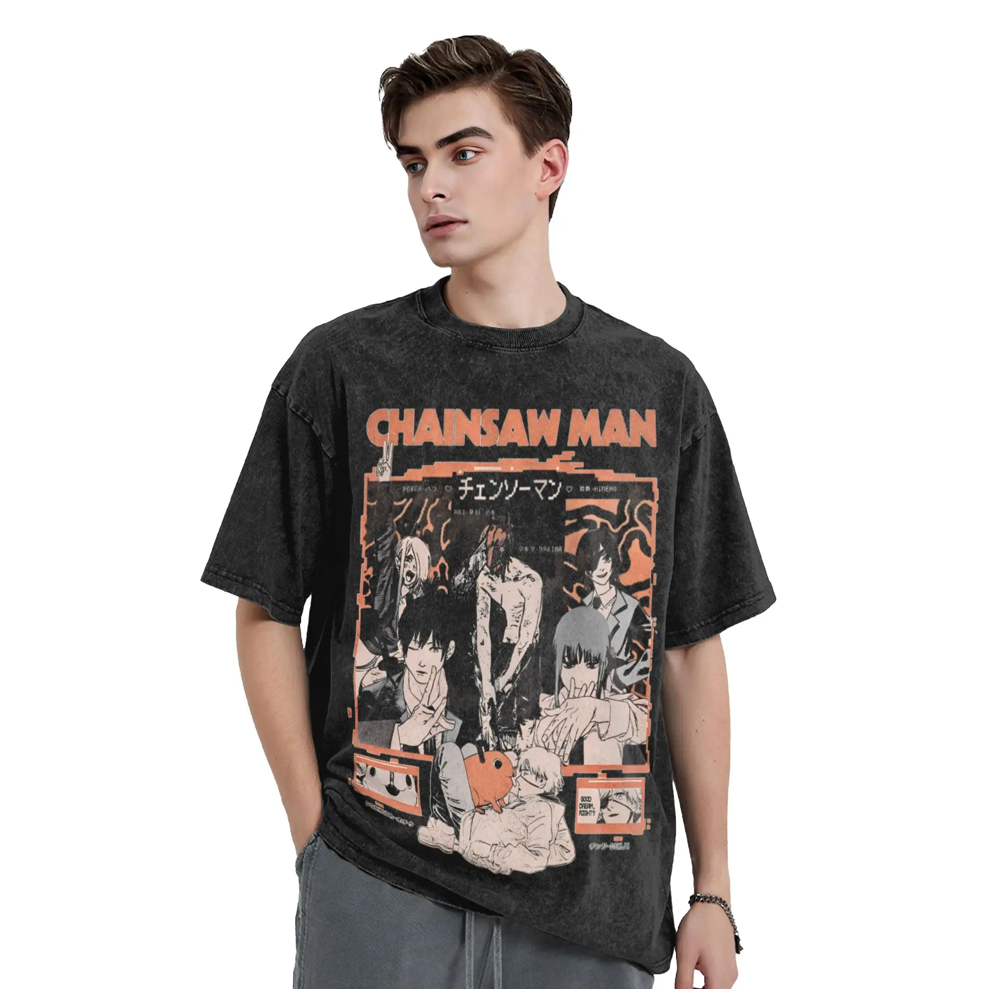 Chainsaws Man Denji Reze Vintage Washed T Shirts Pure Cotton Vintage T-Shirt Round Neck Anime Aki Tee Shirt Short Sleeve Clothes