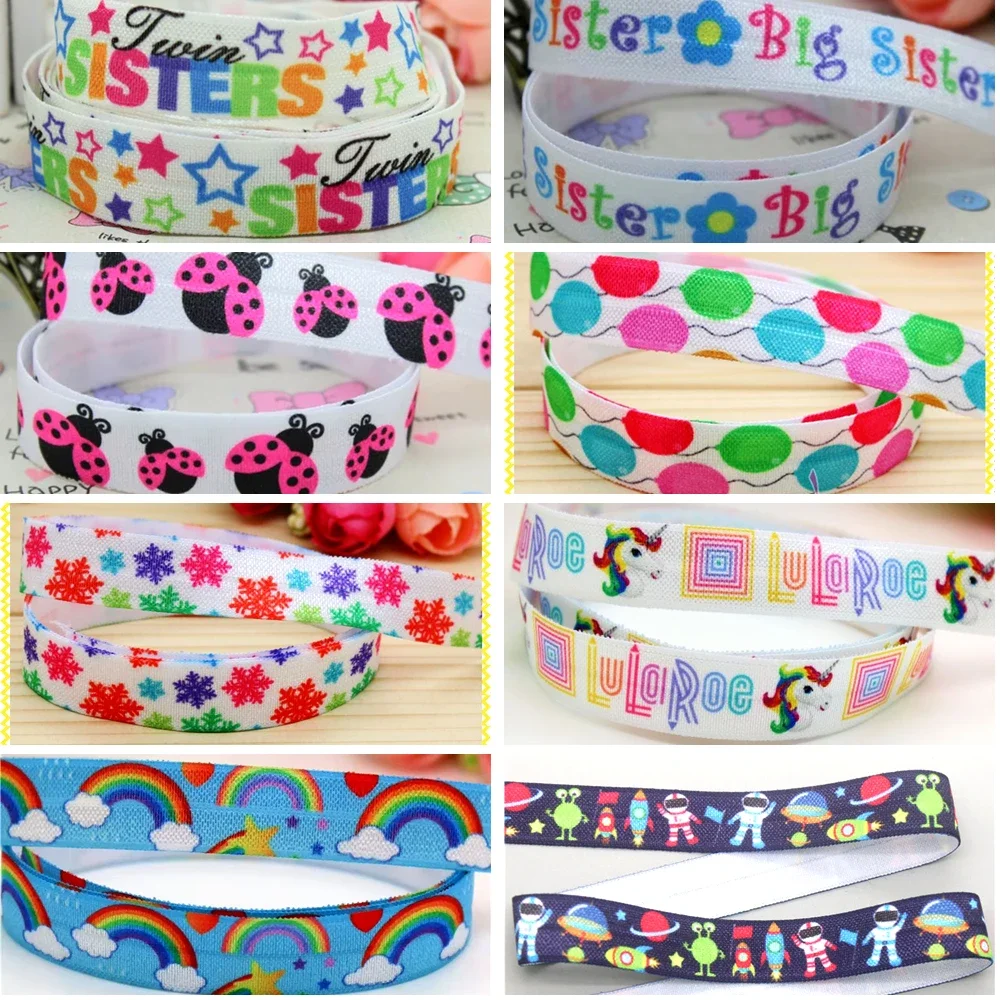 DHK 5/8'' 5yards Bug Butterfly Rainbow Sister Space Printed Fold Elastic FOE Stretch Ribbon Hairbow Headwear Headband DIY C1667