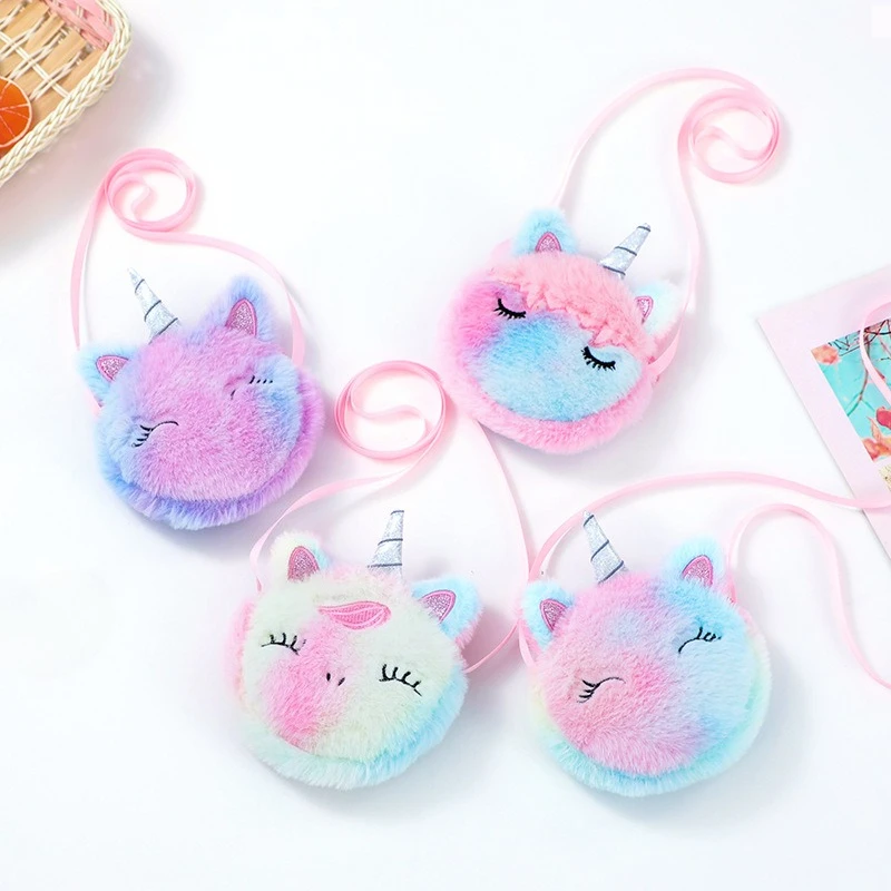 حقائب كتف قطيفة على شكل وحيد القرن كرتونية للأطفال لطيفة ملونة للفتيات الصغيرات حقيبة كروس دائرية فروي محفظة حقائب يد هدايا للأطفال