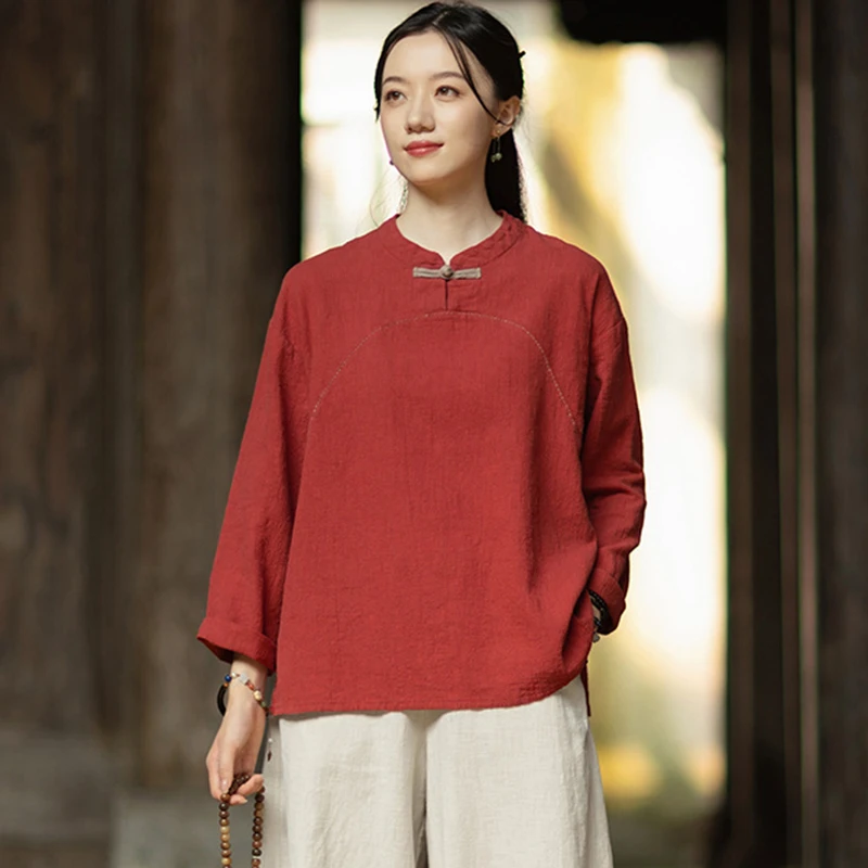 عالية الجودة القطن تي شيرت كتان المرأة الجديدة 2025 الخريف النمط الصيني خمر الوقوف طوق الإناث بلايز عادية قمصان M2021