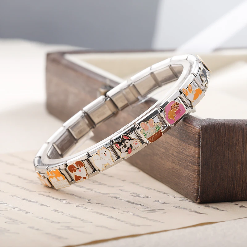 Hapiship 2025 Women Drop Shipping Cute Animal Dog Italian Charms Links Fit 9mm Stainless Steel Bracelet Wholesale Jewelry DJ1420
