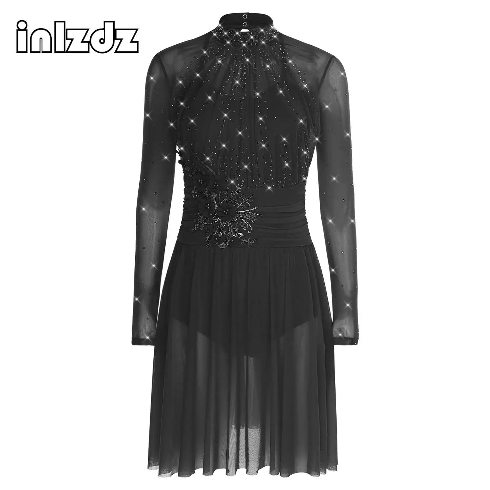 Robe de danse de patinage artistique pour femmes, Costumes de danse lyrique de Ballet de gymnastique, broderie appliquée de strass, robe à manches longues