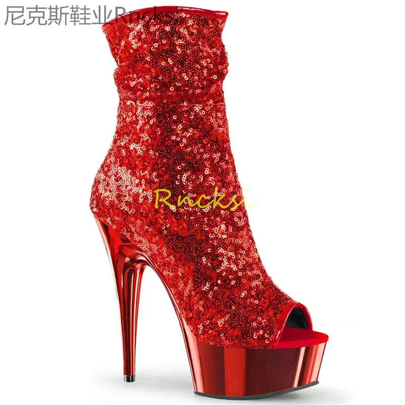 15cm women's boots Sexy thigh-high heel pole dancing boots round head side zipper bright leather boots