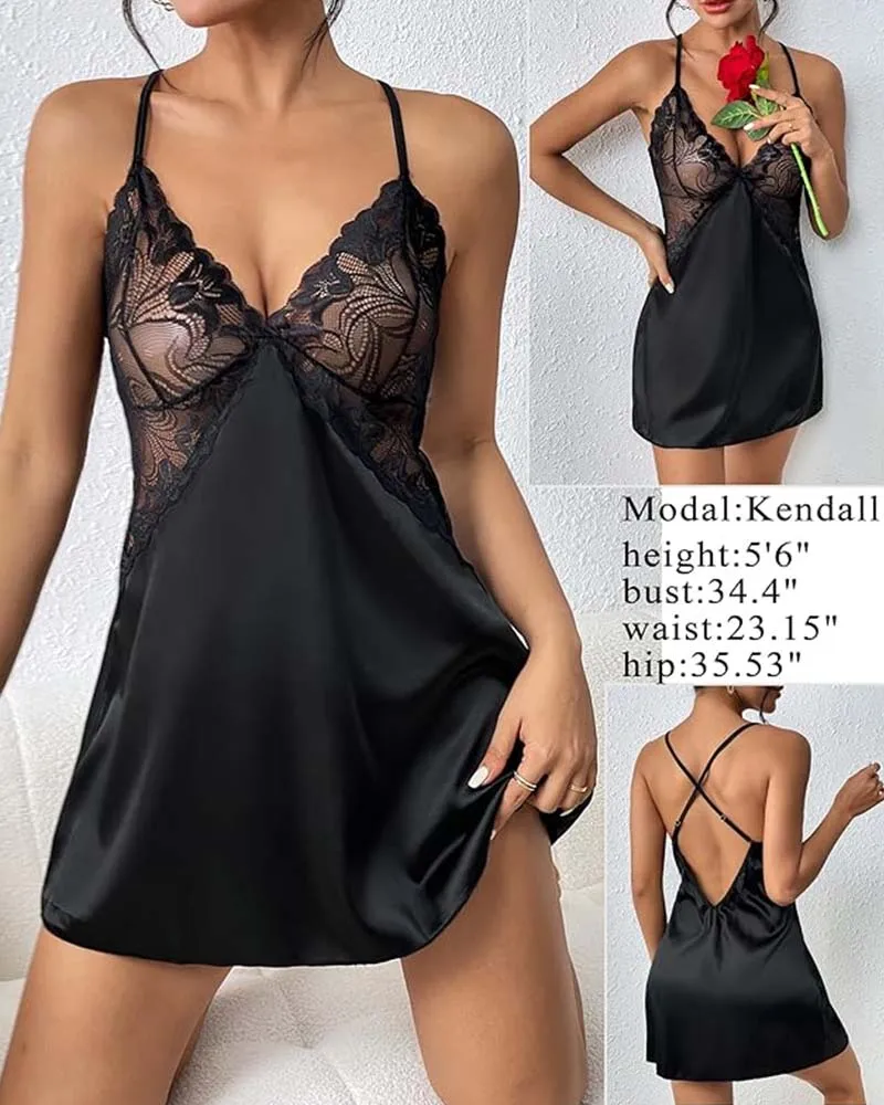 Women's Sleepwear Contrast Lace V Neck Spaghetti Strap Babydoll Sexy Satin Chemise Sleepwear Shipped Within 48 Hours