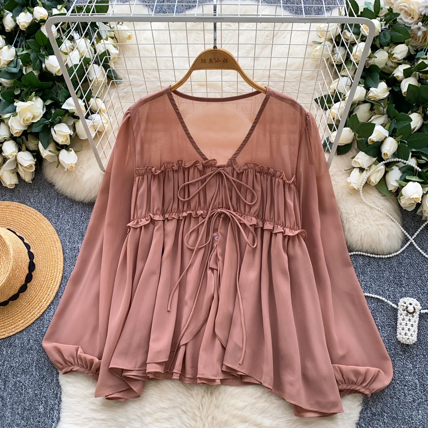 

Базовые шикарные сексуальные винтажные сетчатые рубашки с рукавами-фонариками на шнуровке, свободный топ, французские офисные женские рубашки High Street