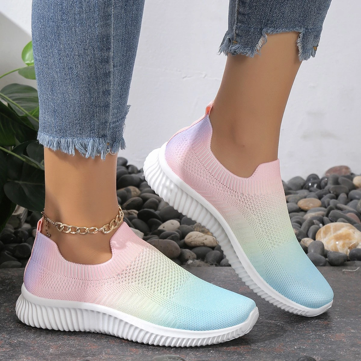 Women\'s Gradient Color Sock Sneakers, Breathable Elastic Slip On Knitted Trainers, Casual Walking & Running Sports Shoes