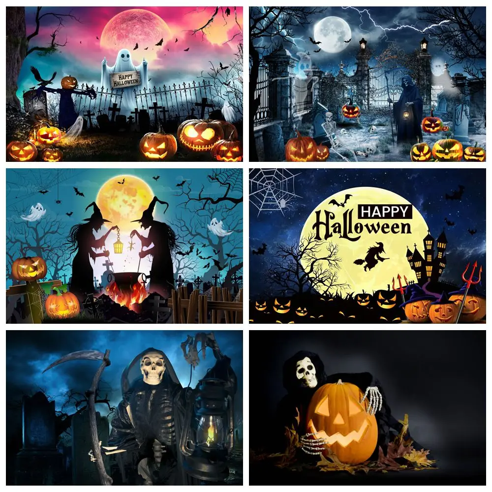 

Halloween Background Horror Night Terrible Pumpkin Moon Cemetery Grim Reaper Halloween Decor Photography Backdrop Photostudio
