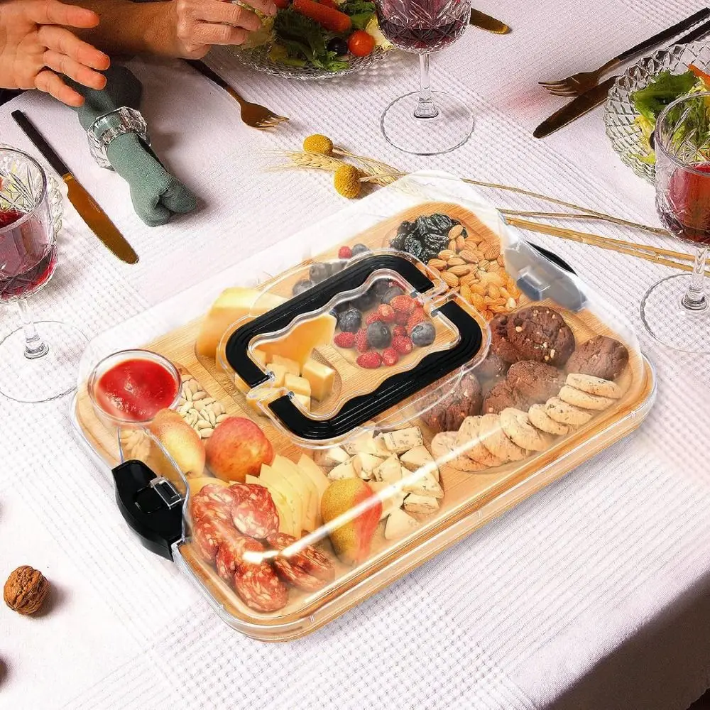 

Transparent Bamboo Cheese Board Snap-On Lid Divided Grid Wooden Cheese Board Square Shape with Lid Serving Platter