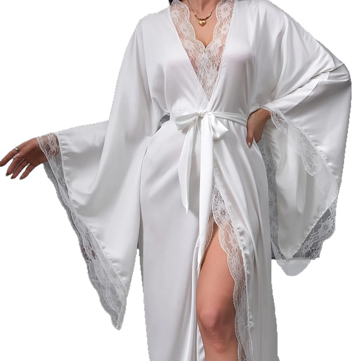 Satin Silk Sheer Lace Patchwork Wide Long Sleeve Kimono Robe Women Belted Bathrobe Loose Nightwear Erotic Sleepwear