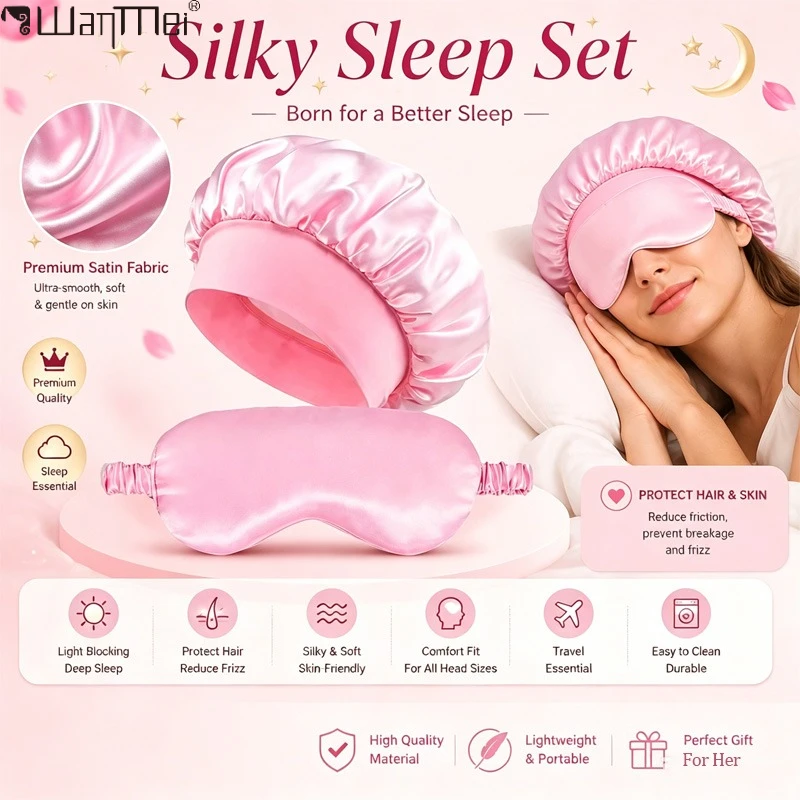 Hot deal: ﻿ Satin Bonnet Sleep Eye Mask Set, Wide Elastic Band Silk Hair Bonnet, Soft Shading Eye Mask for Women Hair Care Night Sleeping