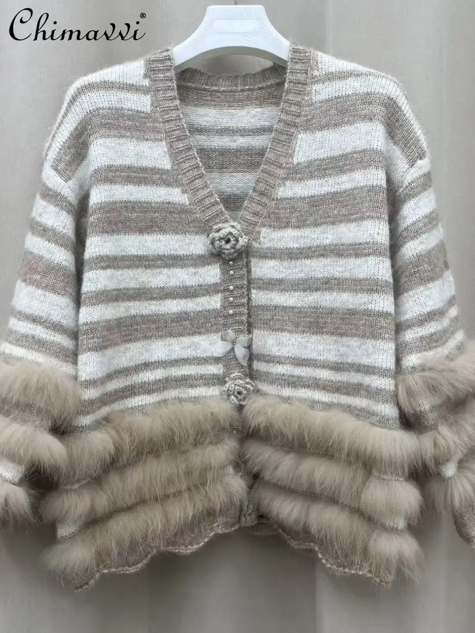 

Корейский стиль, элегантные модные вязаные куртки с лисьим мехом, однобортные повседневные кардиганы с v-образным вырезом и длинными рукавами, женские осенние кардиганы