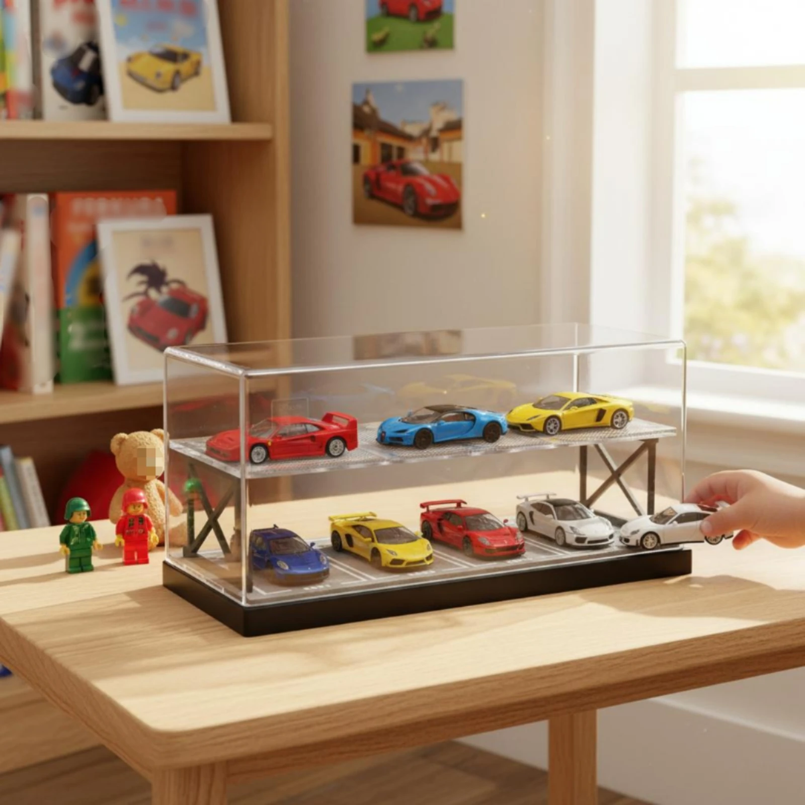Diorama de Garaje para Autos a Escala 1:64, Garaje de Dos Niveles con Panel Frontal Transparente, Escena en Miniatura, Estacionamiento para Autos de Aleación