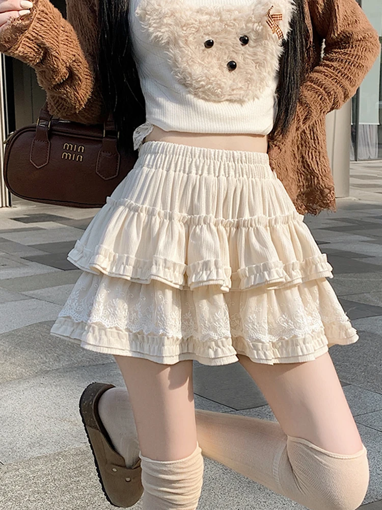 

Новая женская зимняя короткая юбка Sweet Lace Cake с высокой талией, А-силуэтом, эластичной резинкой на талии, защитой от просвечивания, для повседневной носки