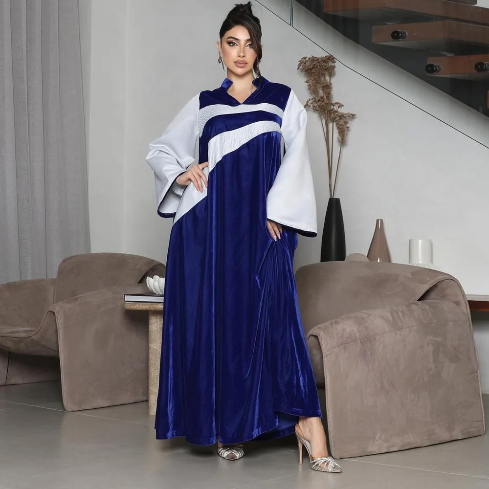 Saudi Arabia Women Royal Blue Luxury Prom Dresses A line Party Dress Long Sleeves Formal Evening Dresses Robes Kaftan Jalabiya