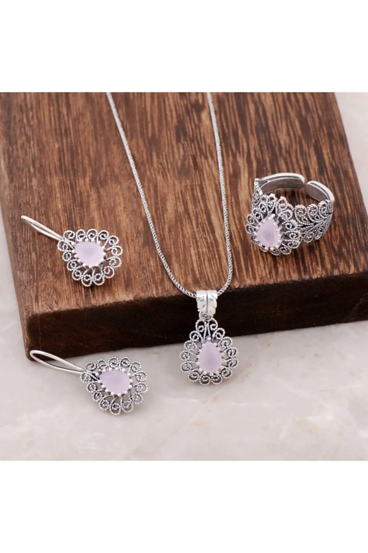 Women's Pink Quartz Stone Silver Jewelry Set Necklace Earrings Bracelet Handmade Diamond Fashion Pendants Wedding Birthday Gift