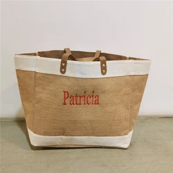 Large Capacity Personalized Name Jute Shopping Bag Custom Embroidered Name Hessian Travel Bag Beach Bag Luxury Handbag for Lady