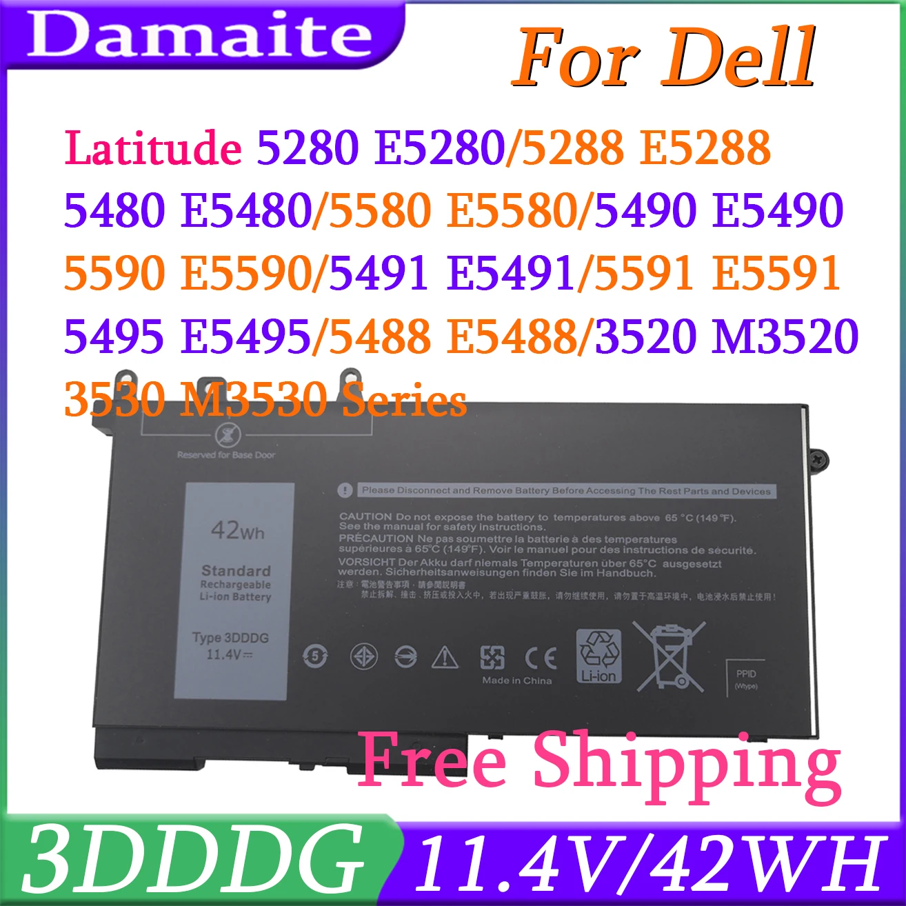 

3DDDG 11.4V 42Wh For Dell Latitude E5280 E5480 E5580 E5290 E5490 E5491 E5591 E5495 P27S Series 080JT9 03VC9Y 00JWGP 45N3J