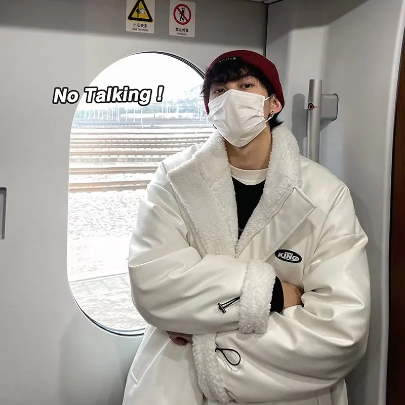 Chaqueta de algodón de cuero PU, nuevo estilo para hombres, fresca y elegante, chaqueta de algodón de doble cara de lana de cordero, marca de moda ins suelta