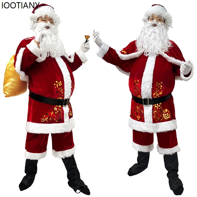 

CosplayAdult Unisex Santa Claus Cosplay Costume Christmas Performance Outfit Bearded Old Man Stage Showing Gold Velvet Dress Up