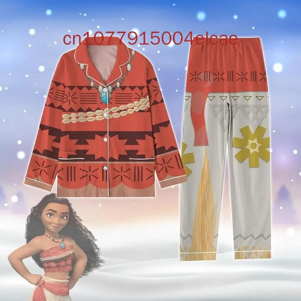 2024 New Disney Moana Princess Pajama Set 3D Printed Casual Men's and Women's Long Sleeve Shirt Pajama Set